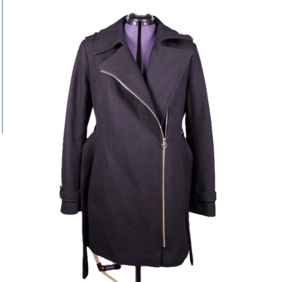Michael Kors Black Wool Blend Coat Women’s L Asymmetrical Zip Belted Moto Jacket - Picture 1 of 7